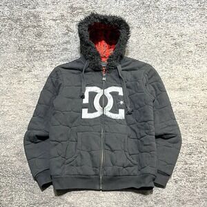 Vintage Y2K DC Fur Hoodie Zip Up Sweatshirt Mens Small Black Grunge Skater